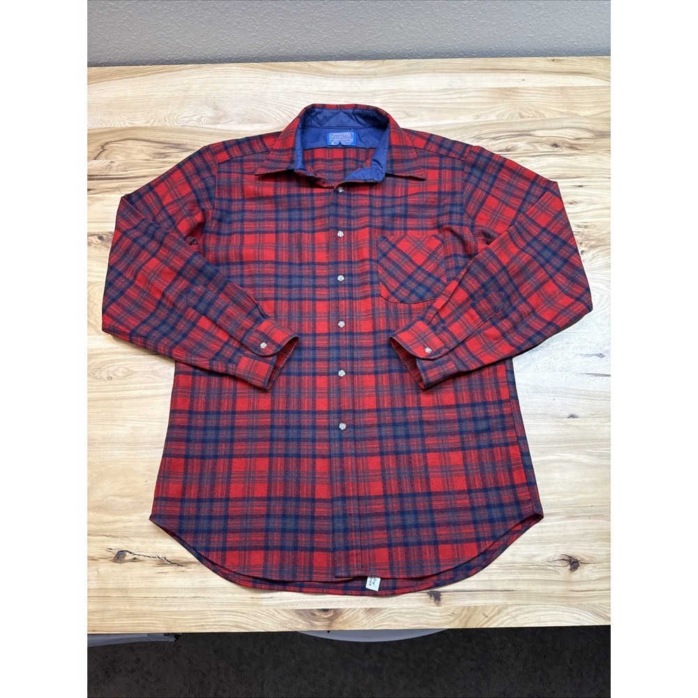 Pendleton Shirt Mens Large 100% Virgin Wool Red Green Plaid Button Down USA Made